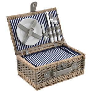 Cos picnic 2 persoane, 38 x 25 x 16 cm, rachita/poliuretan-imitatie piele/textil, gri/alb/albastru