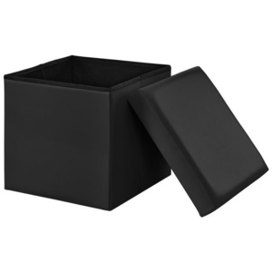 Puff - scaun rabatabil Marime L - MDF/piele sintetica, 38 x 38 cm, negru, cu compartiment pentru depozitare