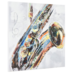 Tablou pictat manual - saxofon - panza in, cu rama ascunsa - 100x100x3,8cm
