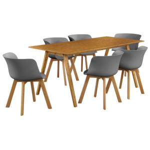 [en.casa]® Masa de bucatarie/salon bambus design Model 2, MDF/plastic/lemn de fag, 180 x 80 x 76 cm cu 6 scaune, culoarea bambusului/gri