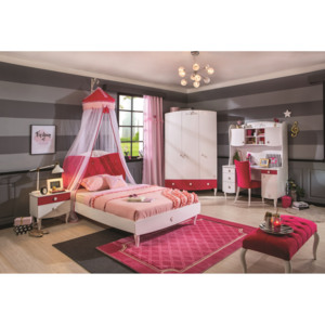Set Mobila dormitor din pal, pentru fete si tineret 5 piese Yakut White / Dark Pink