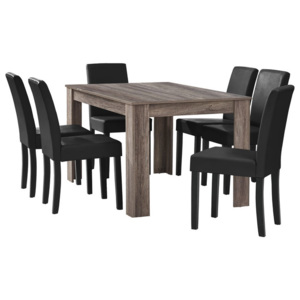 Masa eleganta Alma, MDF efect stejar/ ,140 x 90 cm - cu 6 scaune imitatie de piele, stejar maro inchis/negru