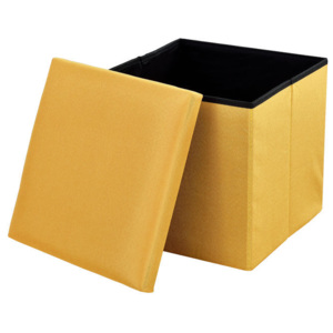 Puff - scaun rabatabil Marime M - MDF/poliester, 30 x 30 cm, galben mustar, cu compartiment pentru depozitare