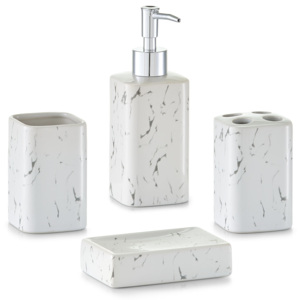 Set 4 accesorii pentru baie din ceramica, Marble-Optics White