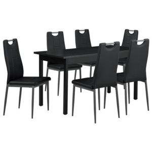 Masa de bucatarie/salon eleganta (140x60) cu 6 scaune imitatie de piele - negru