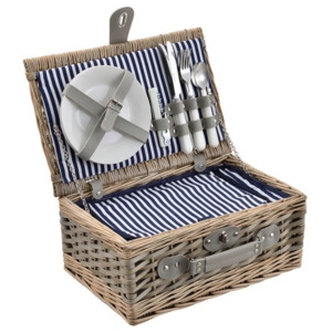 Cos picnic 2 persoane, 38 x 25 x 16 cm, rachita/poliuretan-imitatie piele/textil, gri/alb/albastru