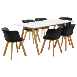 Masa de bucatarie/salon bambus design Model 4, MDF/plastic/lemn de fag, 180 x 80 x 76 cm cu 6 scaune, alb/negru