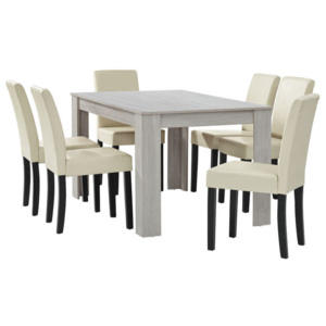 Masa eleganta Patricia, MDF efect stejar - alb,140 x 90 cm - cu 6 scaune imitatie de piele, crem cu picioare negru