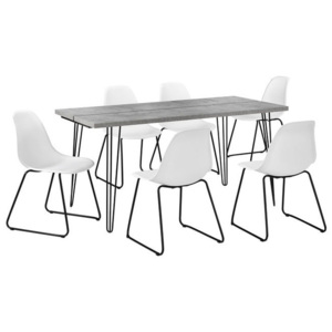 Set design masa bucatarie cu 6 scaune, 160 x 75 x 77cm, efect beton/alb