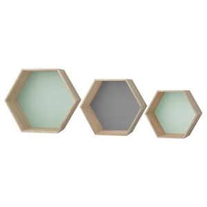 Set 3 cutii hexagonale pentru perete natur/gri/verde Bloomingville