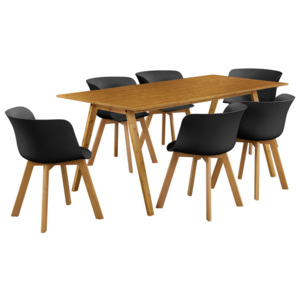 [en.casa]® Masa de bucatarie/salon bambus design Model 3, MDF/plastic/lemn de fag, 180 x 80 x 76 cm cu 6 scaune, culoarea bambusului/negru