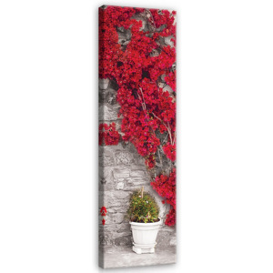 Tablou canvas: Zid roșu cu flori - 145x45 cm