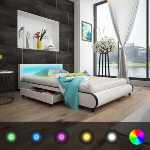 Cadru pat cu sertare, LED, alb, 140x200 cm, piele artificială