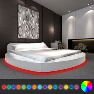 Cadru pat cu LED rotund, piele artificială, 180 x 200 cm, alb