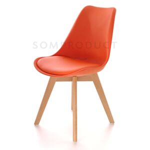 Scaun din plastic cu picioare din lemn si sezut tapitat cu piele ecologica Sven Orange, l46xA43xH80 cm