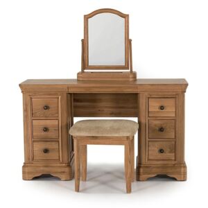 Set masa de toaleta cu oglinda si taburet, din lemn de stejar si furnir Carmen Oak, L130xl42,5xH75 cm