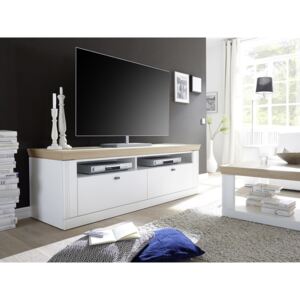Comoda TV din furnir si MDF, cu 2 sertare, Bolero White / Oak, l143,3xA57,1xH58,2 cm