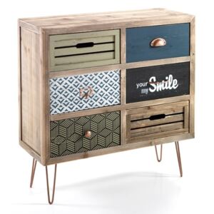 Cabinet din lemn de brad, cu 6 sertare Kijo-C Multicolour, l76,5xA30xH77 cm