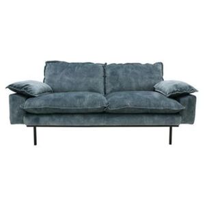 Sofa Retro din Catifea cu Doua Locuri si Picioare Metalice Negre - Catifea Albastru Diametru (175 cm x 88 cm x 95 cm)