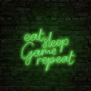 Decoratiune luminoasa EAT SLEEP GAME REPEAT, Verde, 51x41x2 cm, Neon impermeabil IP67, 8-10 W, Dormitor/Living/Birou