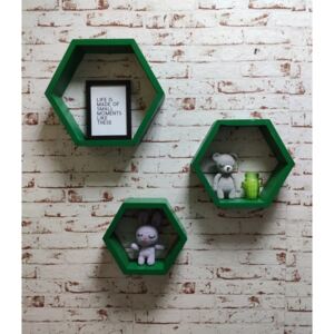 Set 3 rafturi de perete din lemn in forma hexagonala Carnival verde