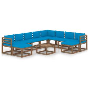 Set mobilier de grădină, 11 piese, cu perne albastru deschis