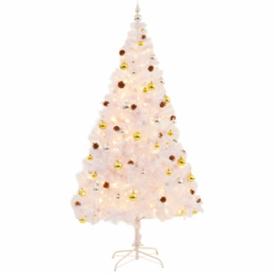 Pom de Crăciun artificial decorat cu globuri și LED 210cm alb