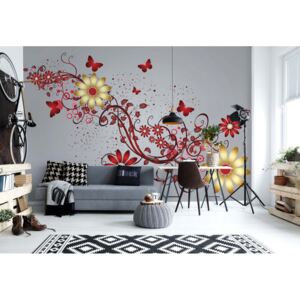 Fototapet - Modern Design Red Flowers And Butterflies Vliesová tapeta - 368x254 cm
