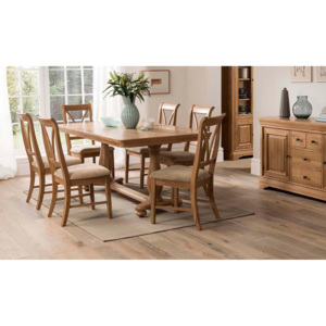 Set masa extensibila din lemn de stejar si furnir + 6 scaune cu sezut tapitat cu stofa Carmen Oak, L180-230xl100xH75,5 cm