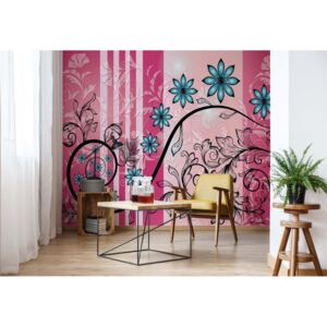 Fototapet - Modern Floral Design With Swirls Blue And Pink Vliesová tapeta - 206x275 cm