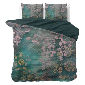 Lenjerie de pat din bumbac, pentru pat dublu Pure Cotton Tiran Flower Green, 200 x 200 cm