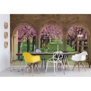 Fototapet - Flowering Trees Cherry Blossom View Through Stone Arches Vliesová tapeta - 254x184 cm