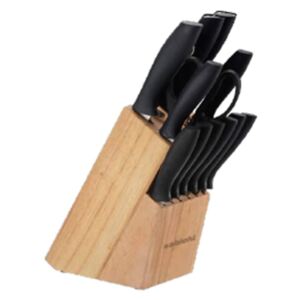 Set cuțite, foarfecă, dispozitiv ascuțit și suport din lemn Sabichi, 12 buc