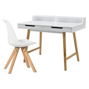 [en.casa]® Birou design retro Bremen, cu 2 sertare si 1 scaun, MDF/lemn fag/plastic, 85 x 110 x 60 cm, alb