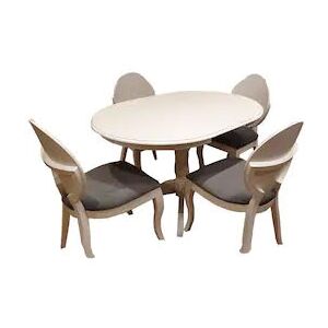 SET MASA OVALA ALBA CU 4 SCAUNE TAPITATE, SPATAR MEDALION, 106CM RESTRANSA, 141CM EXTINSA, 90CM LATIME, 74CM INALTME