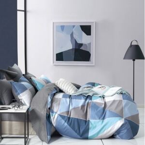 Lenjerie de pat unică, din bumbac gri-albastru, cu model geometric 4 părți: 1buc 200x220 + 2buc 70 cmx80 + cearșaf de pat