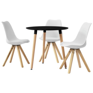 Masa neagra bucatarie/salon rotunda design cu 3 scaune albe