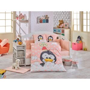 Lenjerie patut bebe, 4 Piese, Bumbac 100%, Hobby Home, Pinguin, Roz, H3090