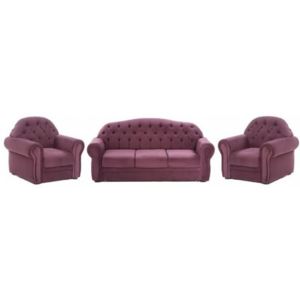 Set canapea cu doua fotolii PERLA, tapitate cu stofa violet, canapea extensibila 206x95x100 cm si 2 fotolii, structura din lemn masiv si fag, multimateriale si multicolor