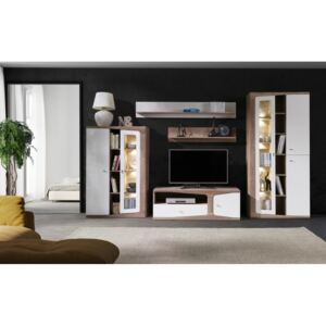 Set camera de zi SANTA FE A, culoare stejar country/alb lucios, structura din lemn de stejar, fronturi MDF, contine vitrina SF2a, comoda tv, 2xpolita si vitrina SF2, 314x56x194 cm LxAxh