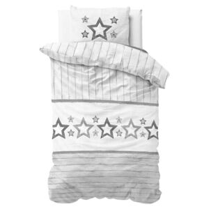 Lenjerie de pat din micropercal Sleeptime Stars, 140 x 220 cm, alb-gri