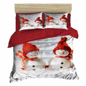 Lenjerie de pat cu cearșaf pentru pat dublu Christmas Snowmen, 200 x 220 cm