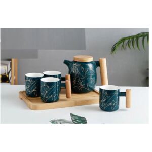 Set din Portelan pentru ceai si cafea, Ceainic 1L si 4 Cani cu tava din bambus, GOLDEN Verde
