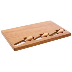 Set tocător din lemn de cauciuc și 3 cuțite pentru brânzeturi Premier Housewares, 23 x 37 cm