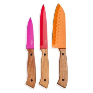 Set 3 cuțite cu mâner din lemn The Mia Cutt, roz - roșu - portocaliu