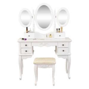 SEA204 - Set masa toaleta Alb oglinda tripla, scaun, cosmetica machiaj