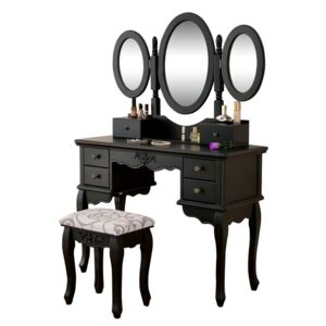 SEN205 - Set masa toaleta Neagra oglinda tripla, scaun, cosmetica machiaj