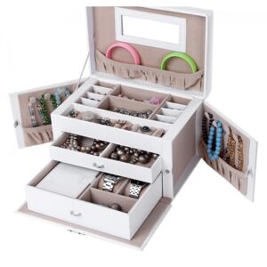 CJA202 - Cutie cutiuta bijuterii, depozitare ceasuri, imitatie piele - Alb