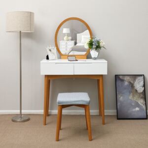 SEA221 - Set Masa toaleta cosmetica machiaj oglinda masuta vanity, scaunel, taburet tapitat Alb-Maro