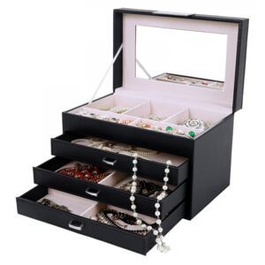 CJN203 - Cutie cutiuta bijuterii cu oglinda, depozitare ceasuri, imitatie piele - Negru